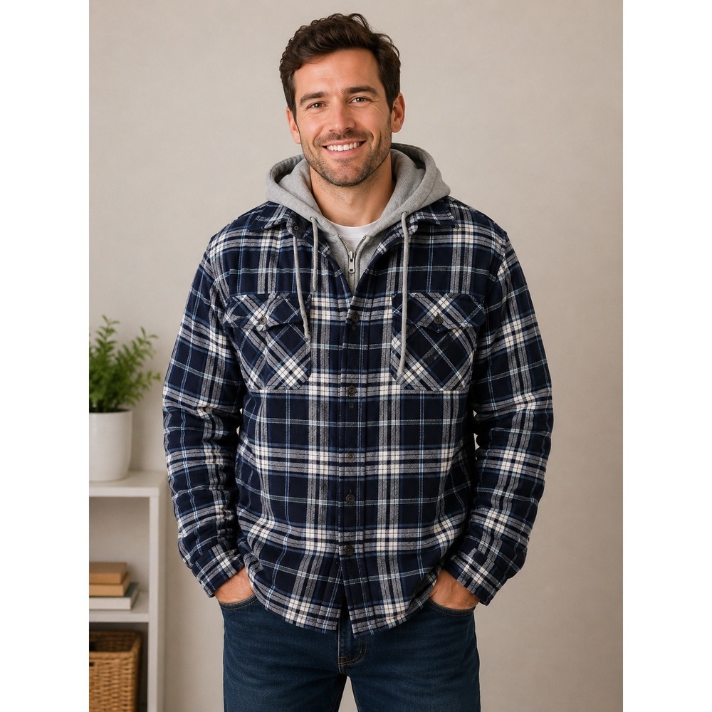 RedHead Mens XL Navy Blue Plaid Quilted Lined Hooded Flannel Shirt Jacket Zip Up